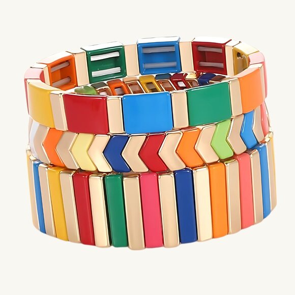 3PC SET Tile Bracelets Enamel Rainbow Bead Bracelets Colorblock Stack Stretch - Picture 2 of 4